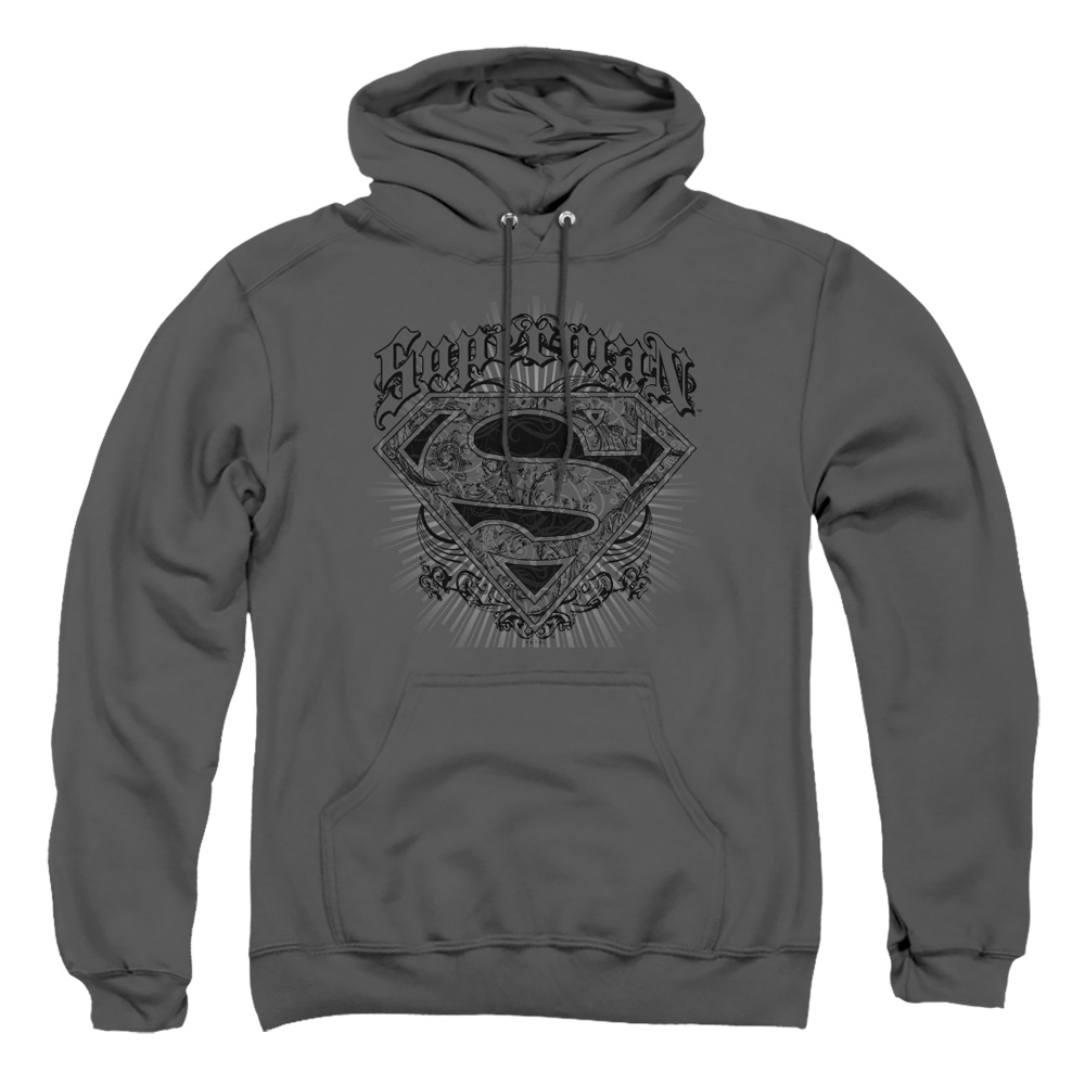 SM1981-AFTH-5 Superman Scrolling Shield Adult Pullover Hoodie, Charcoal - 2X