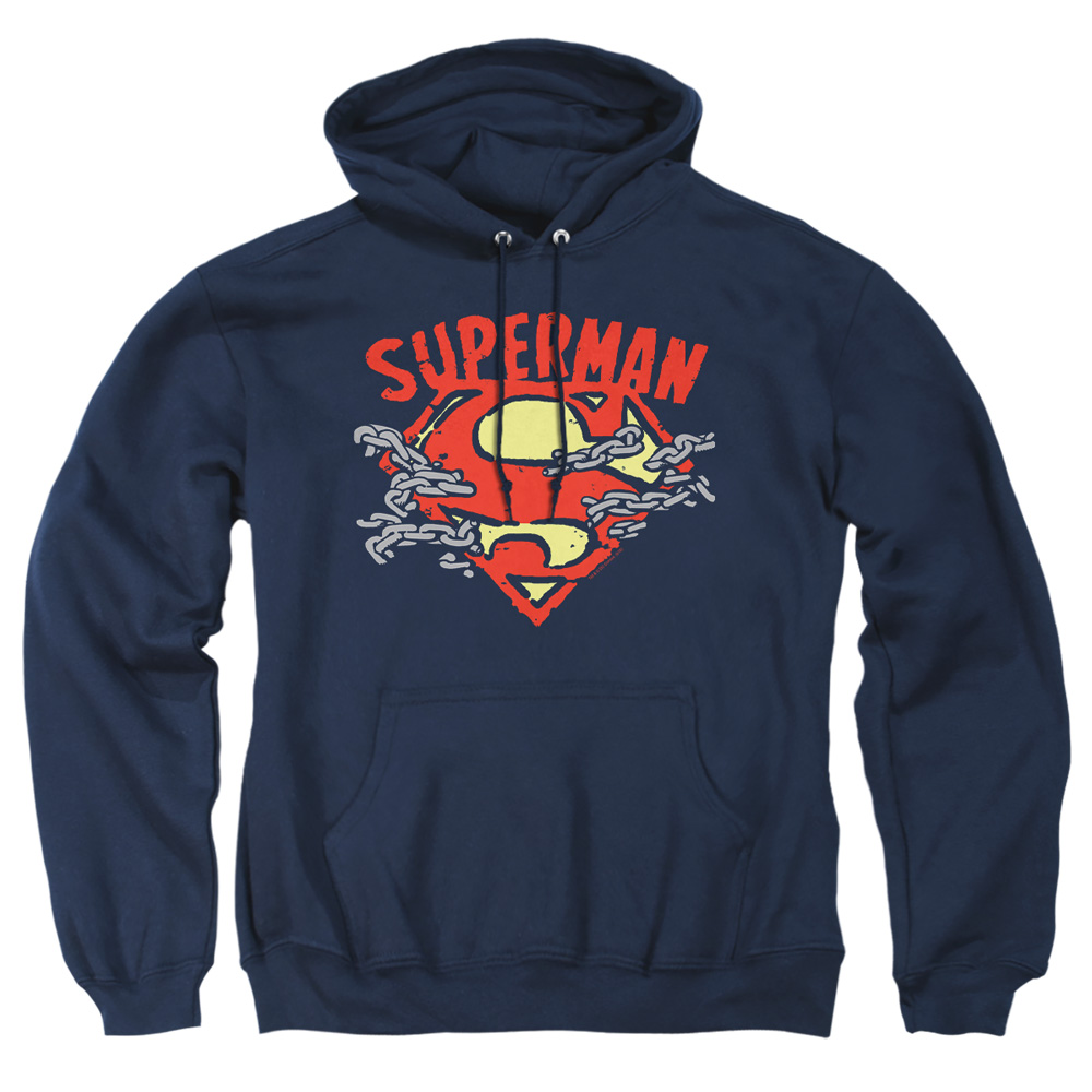SM2217-AFTH-2 Superman Chain Breaking Adult Pullover Hoodie, Navy - Medium