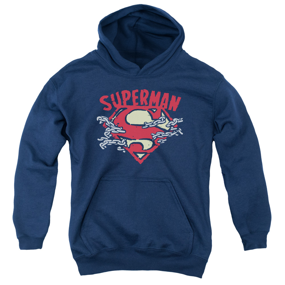 SM2217-YFTH-2 Superman Chain Breaking Youth Hooded Sweatshirt, Navy - Medium