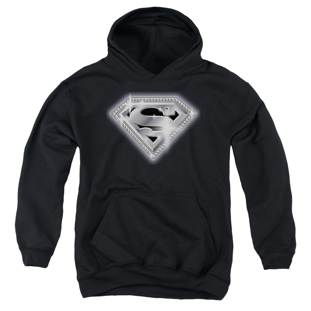 SM1699-YFTH-4 Superman Bling Shield Youth Hooded Sweatshirt, Black - Extra Large