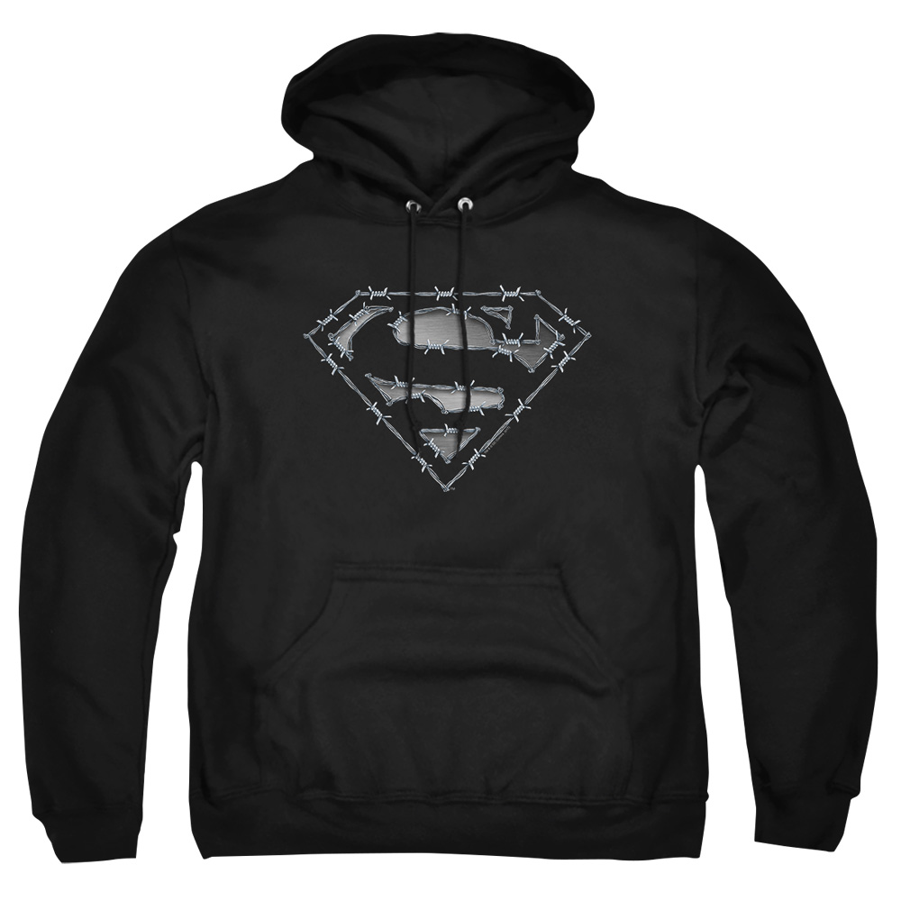 SM843-AFTH-3 Superman Barbed Wire Adult Pullover Hoodie, Black - Large