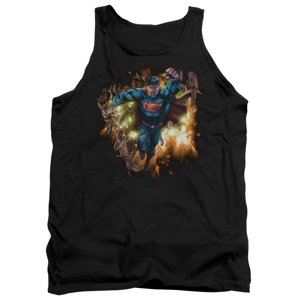 SM2316-TK-4 Superman Blasting Through Adult Tank Top, Black - Extra Large