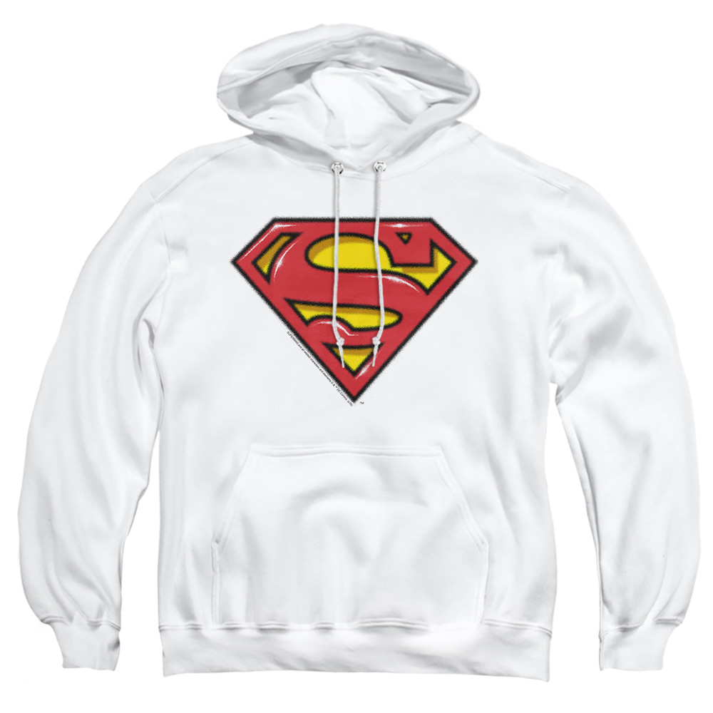 SM2510-AFTH-1 Superman Airbrush Shield Adult Pullover Hoodie, White - Small