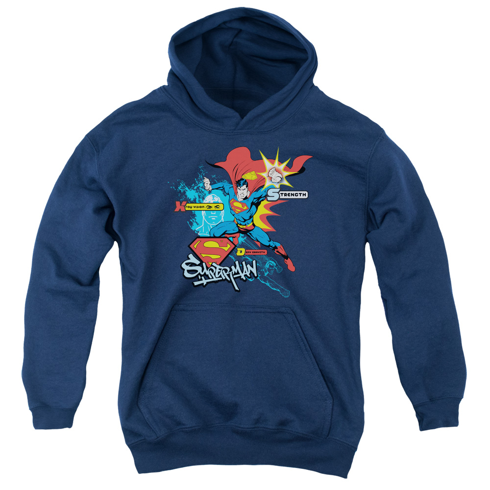 SM1636-YFTH-4 Superman Abilities Youth Hooded Sweatshirt, Navy - Extra Large