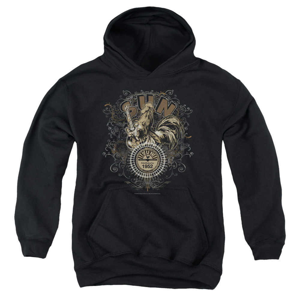 SUN123-YFTH-4 Sun Scroll Around Rooster Youth Hooded Sweatshirt, Black - Extra Large