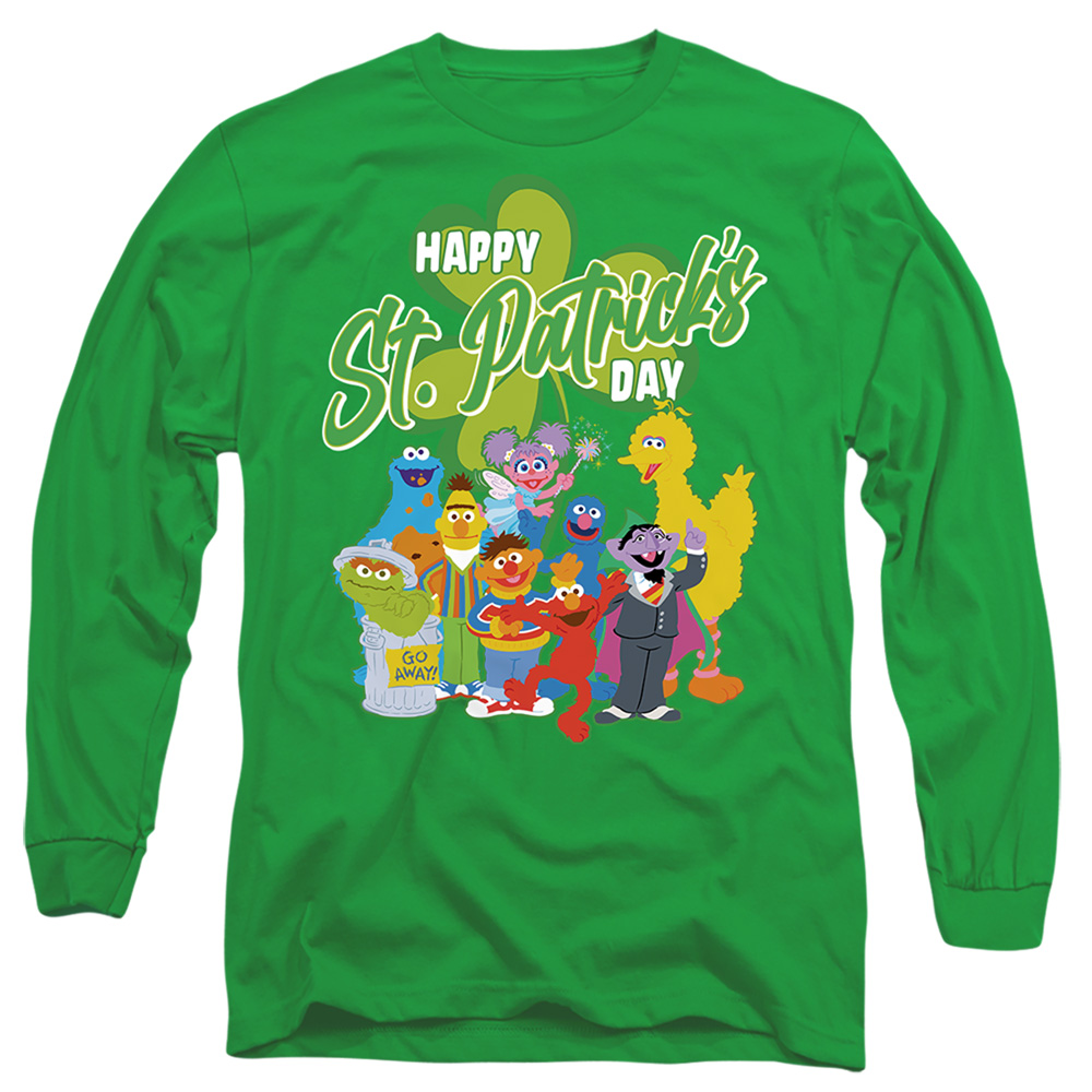 SST10118SPD-AL-3 Sesame Street St. Patricks Day Big Bird Elmo Cookie Monster Adult Long Sleeve T-Shirt, Kelly Green - Large