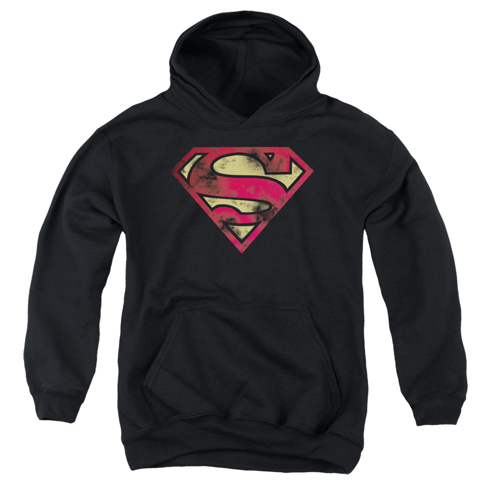 SM2004B-YFTH-1 Superman War Torn Logo Youth Hooded Sweatshirt, Black - Small