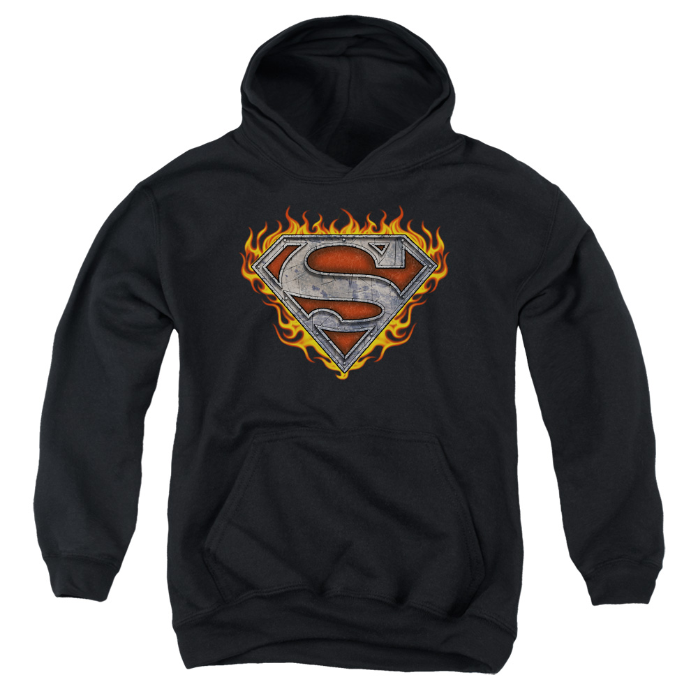 SM2011B-YFTH-4 Superman Iron Fire Shield Youth Hooded Sweatshirt, Black - Extra Large