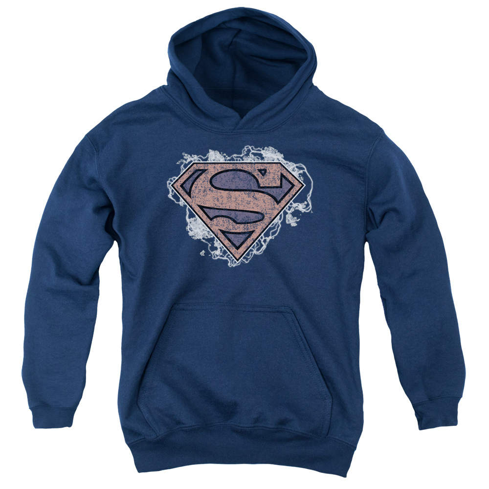 SM2021-YFTH-2 Superman Storm Cloud Supes Youth Hooded Sweatshirt, Navy - Medium
