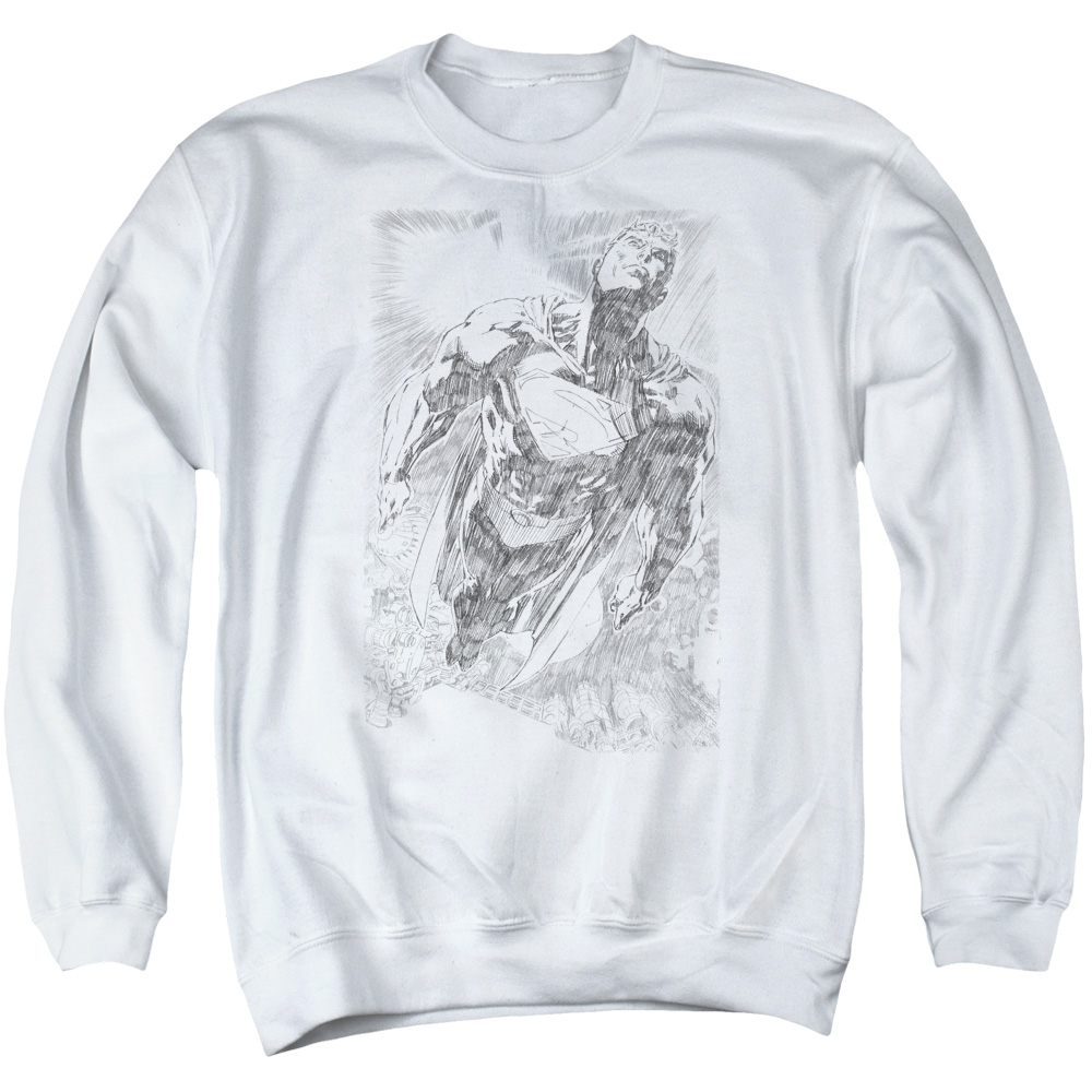 SM2037-AS-2 Superman Exploding Space Sketch Adult Crewneck Sweatshirt, White - Medium