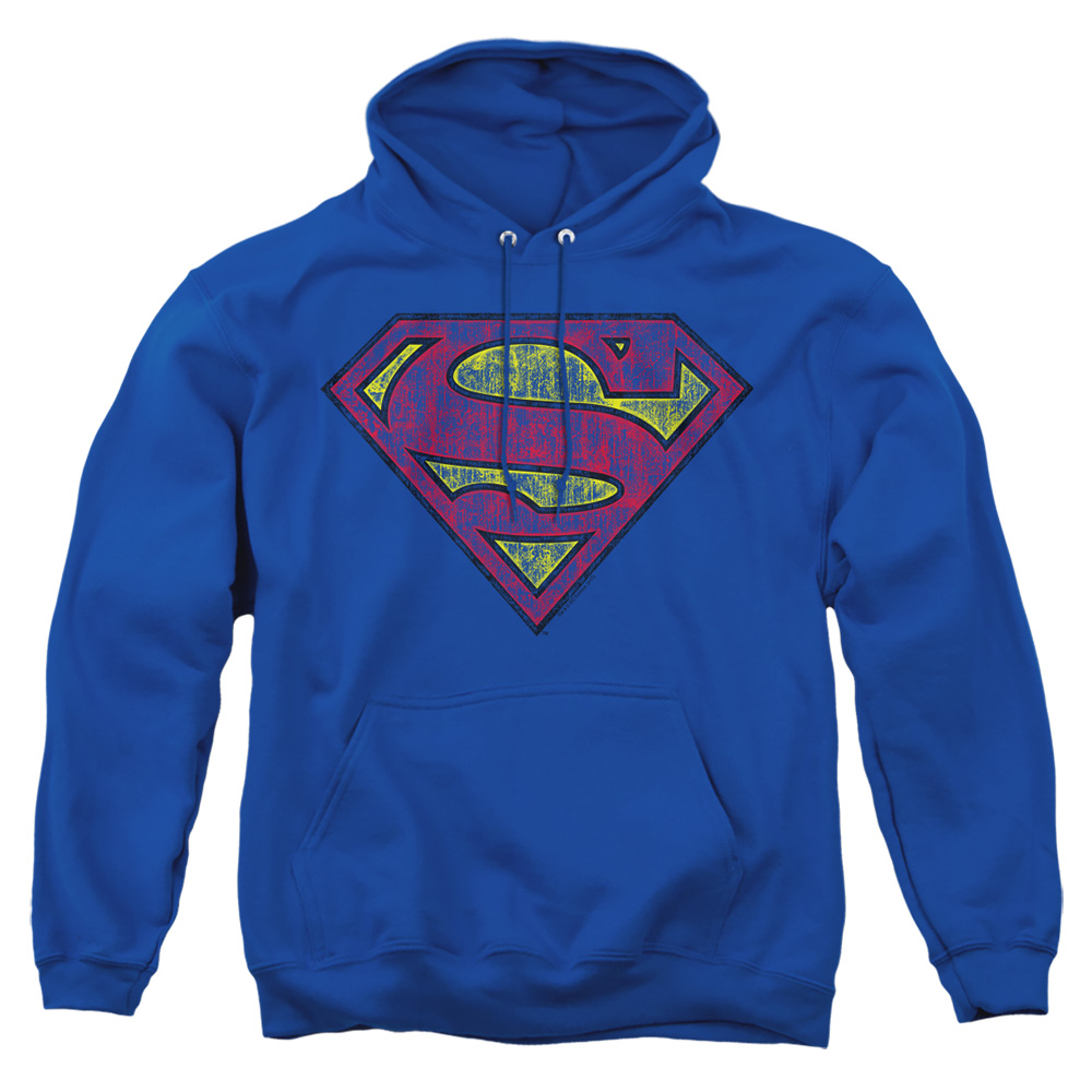 SM2204-AFTH-3 Superman Tattered Shield Adult Pullover Hoodie, Royal - Large