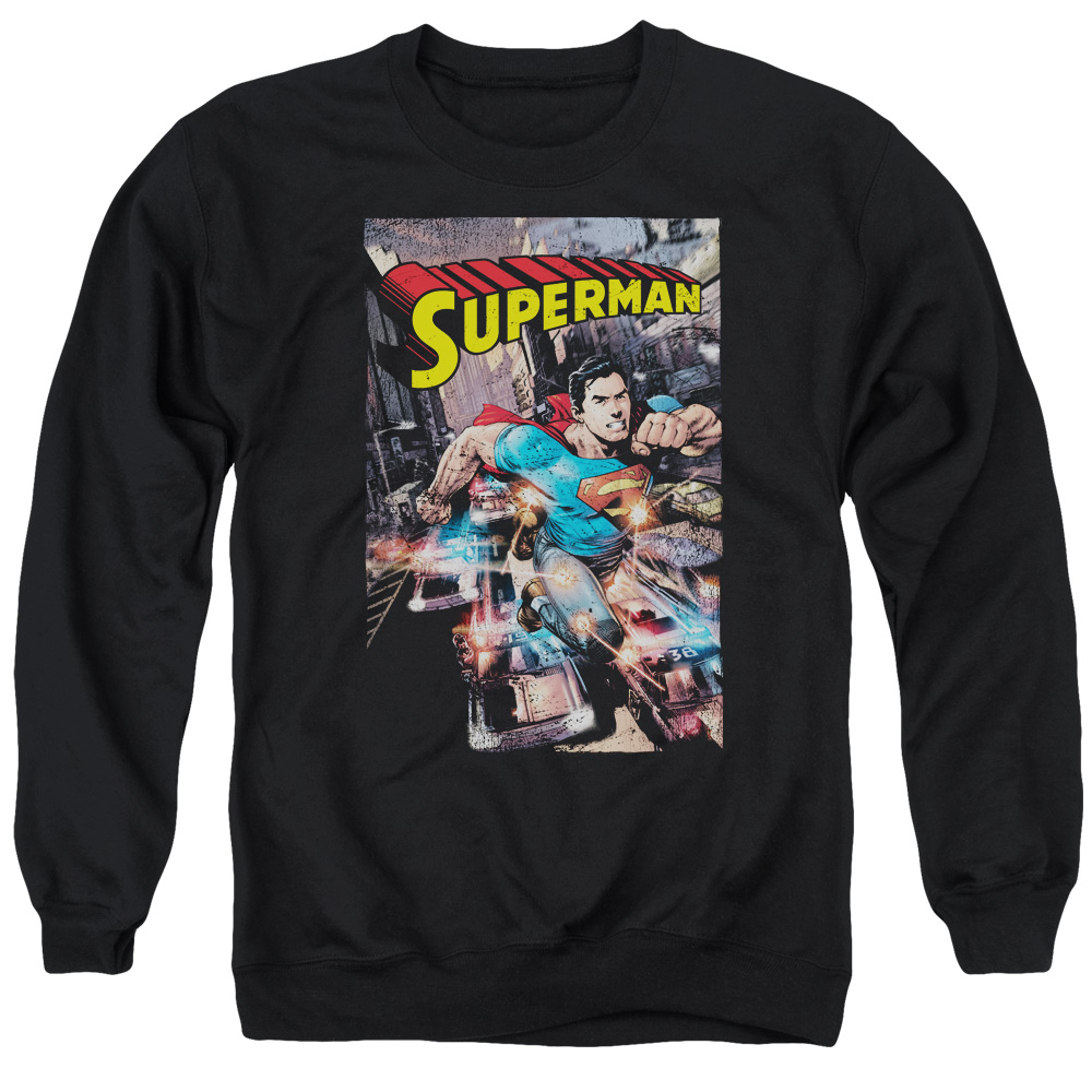SM2370-AS-2 Superman Action One Adult Crewneck Sweatshirt, Black - Medium