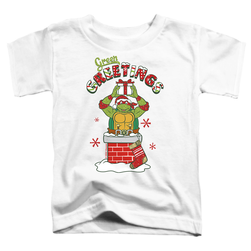 NICK10206-TT-1 Teenage Mutant Ninja Turtles Green Greetings Christmas Scene Toddler Short Sleeve T-Shirt, White - Small 2T