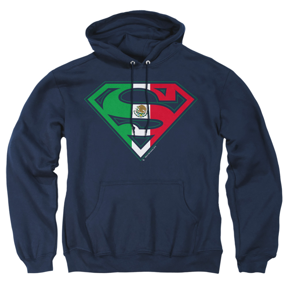 SM1395-AFTH-1 Superman Mexican Shield Adult Pullover Hoodie, Navy - Small