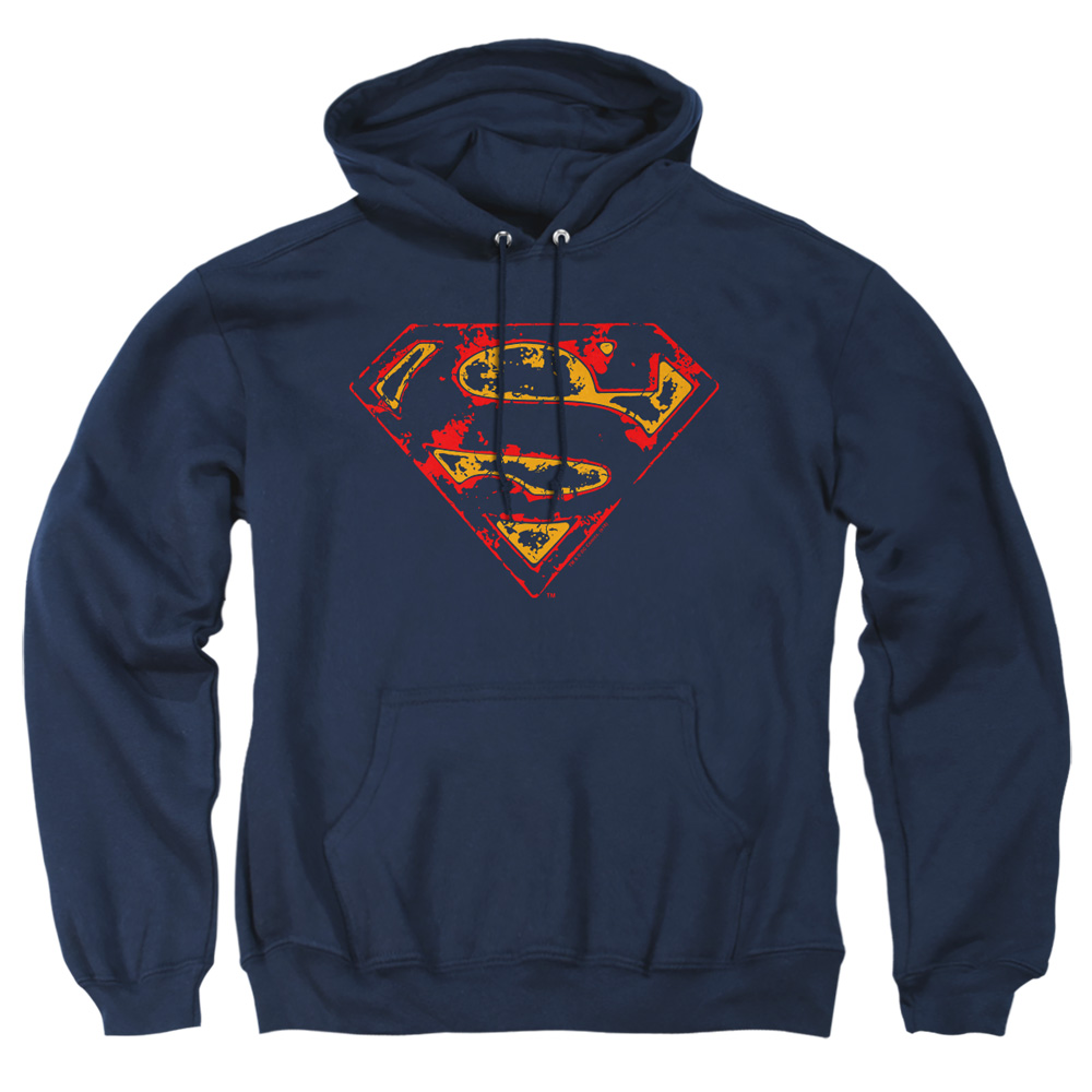 SM2327-AFTH-5 Superman Super Distressed Adult Pullover Hoodie, Navy - 2X