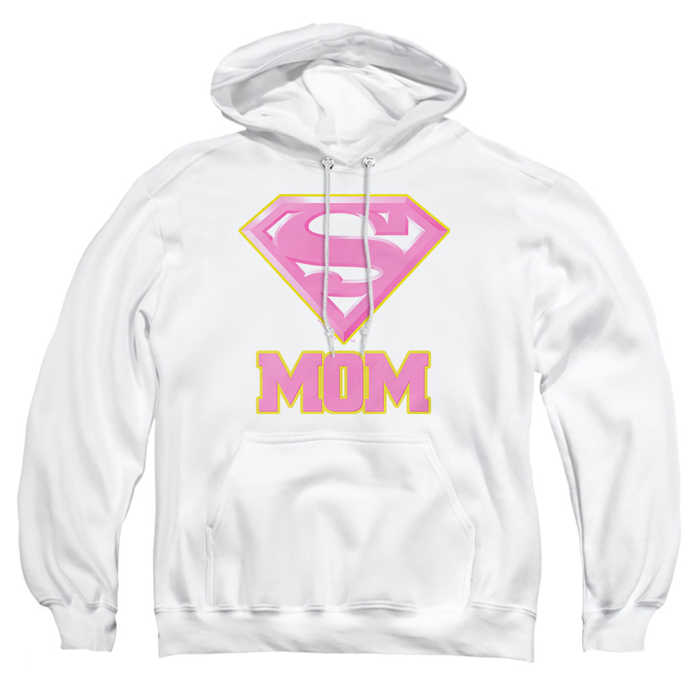 SM2374-AFTH-2 Superman Super Mom Pink Adult Pullover Hoodie, White - Medium