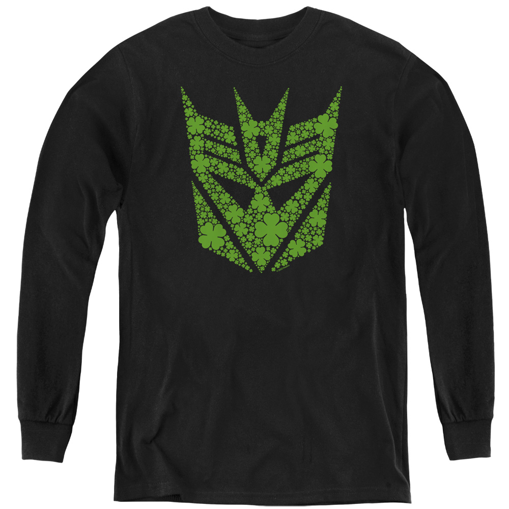 HBRO10262SPD-YL-1 Transformers St. Patricks Day Decepticon Shamrock Long Sleeve Youth T-Shirt, Black - Small