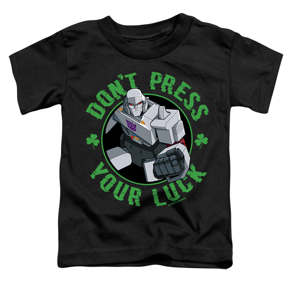 HBRO10263SPD-TT-1 Transformers St. Patricks Day Megatron Dont Press Your Luck Toddler Short Sleeve T-Shirt, Black - Small 2T