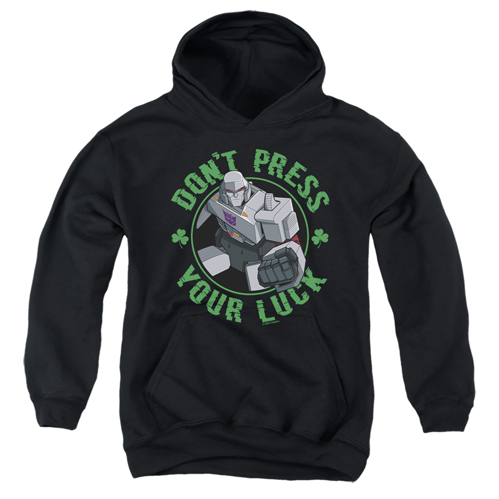 HBRO10263SPD-YFTH-1 Transformers St. Patricks Day Megatron Dont Press Your Luck Youth Hooded Sweatshirt, Black - Small