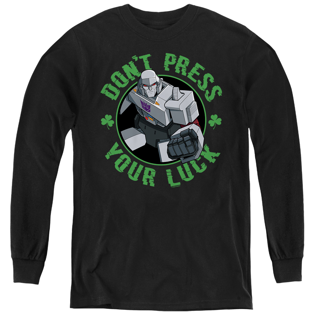 HBRO10263SPD-YL-4 Transformers St. Patricks Day Megatron Dont Press Your Luck Long Sleeve Youth T-Shirt, Black - Extra Large