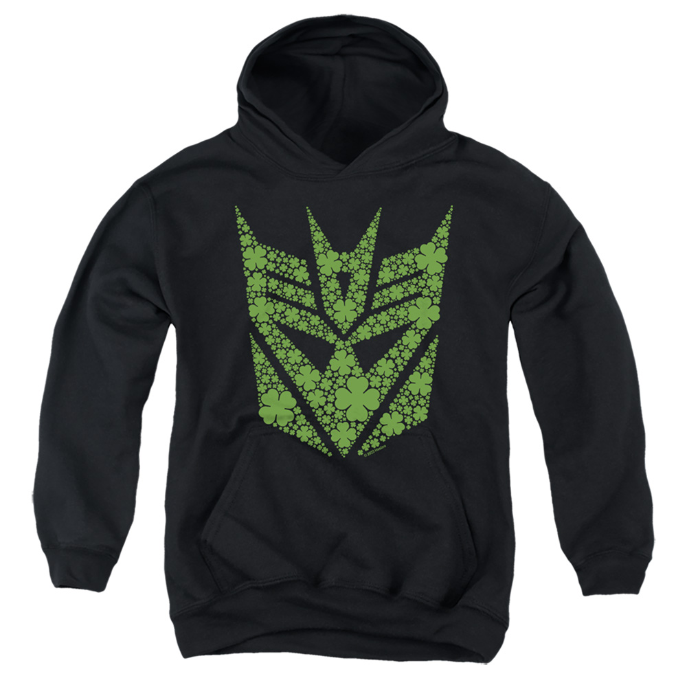 HBRO10262SPD-YFTH-3 Transformers St. Patricks Day Decepticon Shamrock Youth Hooded Sweatshirt, Black - Large
