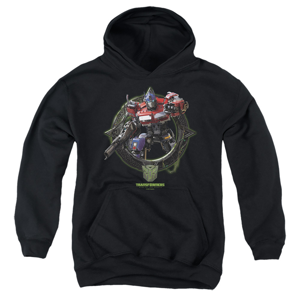 HBRO1382-YFTH-3 Transformers Optimus Prime Circle Frame Youth Hooded Sweatshirt, Black - Large
