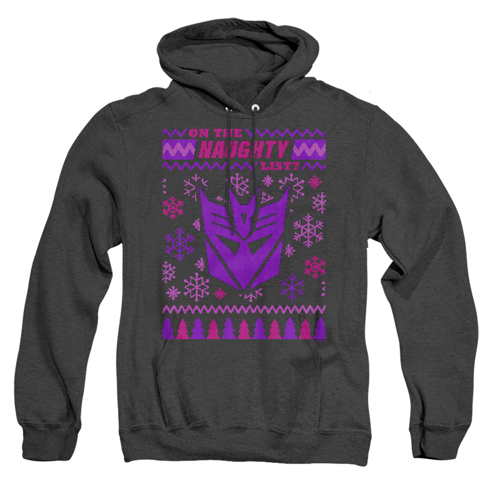 HBRO1470-AHH-4 Transformers Decepticon Naughty List Ugly Christmas Adult Heather Hoodie, Black - Extra Large