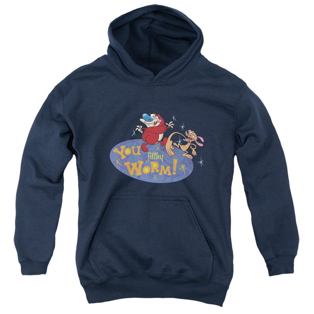 NICK261-YFTH-2 Ren & Stimpy You Filthy Worm Youth Hooded Sweatshirt, Navy - Medium
