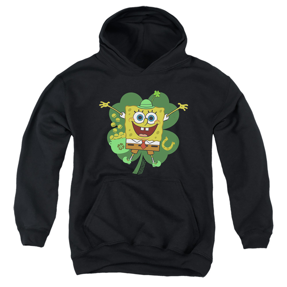 NICK10262SPD-YFTH-3 Spongebob Squarepants St. Patricks Day Spongey Four Leaf Clover Youth Hooded Sweatshirt, Black - Large
