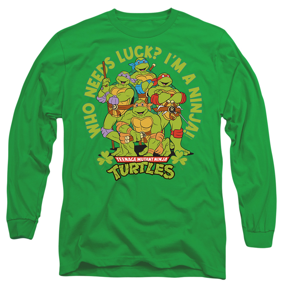 NICK10265SPD-AL-3 Teenage Mutant Ninja Turtles St. Patricks Day Who Needs Luck Adult Long Sleeve T-Shirt, Kelly Green - Large