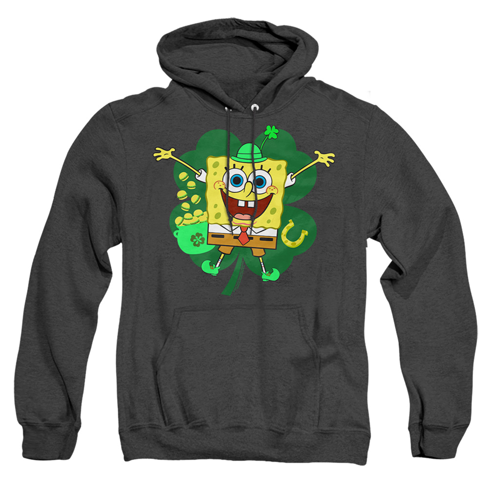NICK10262SPD-AHH-6 Spongebob Squarepants St. Patricks Day Spongey Four Leaf Clover Adult Heather Hoodie, Black - 3X