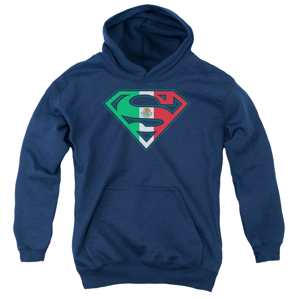 SM1395-YFTH-2 Superman Mexican Shield Youth Hooded Sweatshirt, Navy - Medium