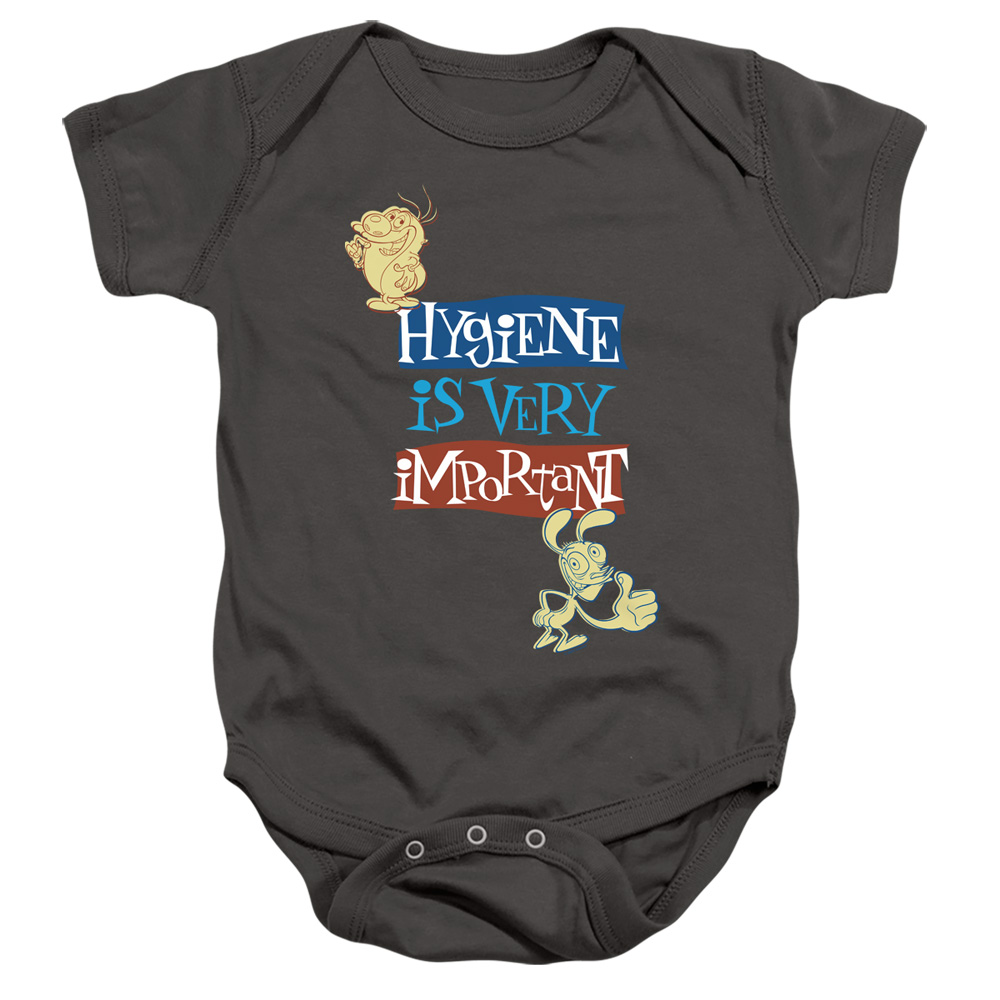 NICK268-SS-1 Ren & Stimpy Hygiene Is Very Important Infant Snapsuit, Charcoal - Small - 6 Month