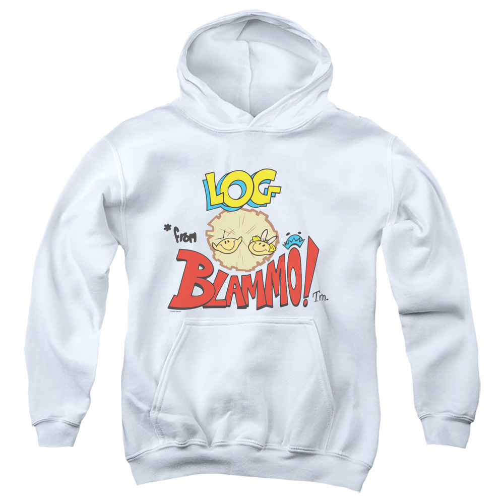 NICK269-YFTH-2 Ren & Stimpy Log From Blamo Youth Hooded Sweatshirt, White - Medium
