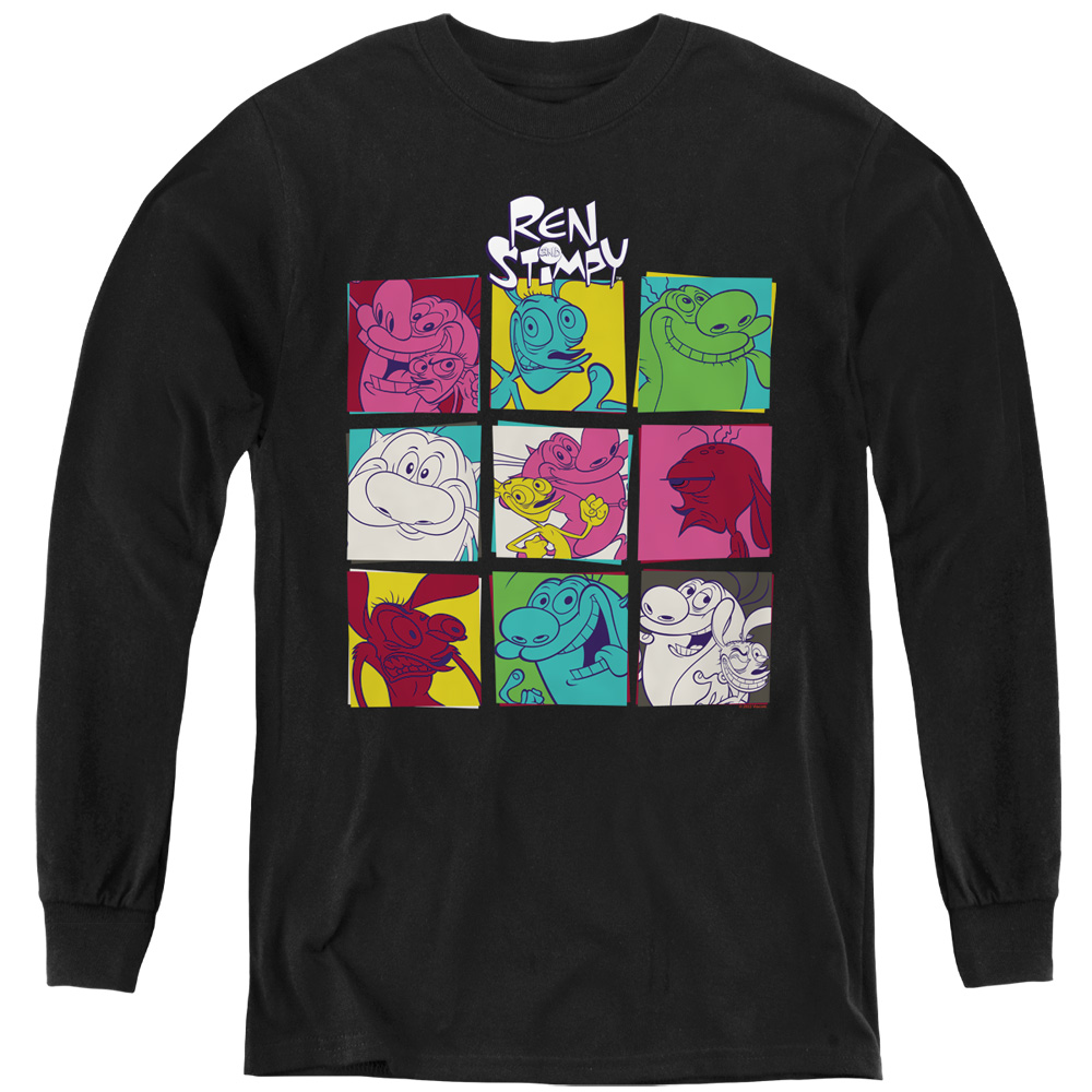 NICK277-YL-2 Ren & Stimpy Warhol 2 Long Sleeve Youth T-Shirt, Black - Medium