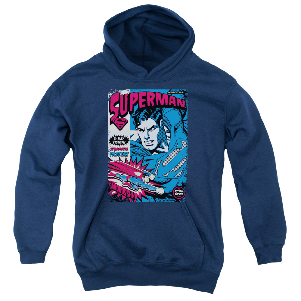 SM1670-YFTH-2 Superman Action Packed Youth Hooded Sweatshirt, Navy - Medium