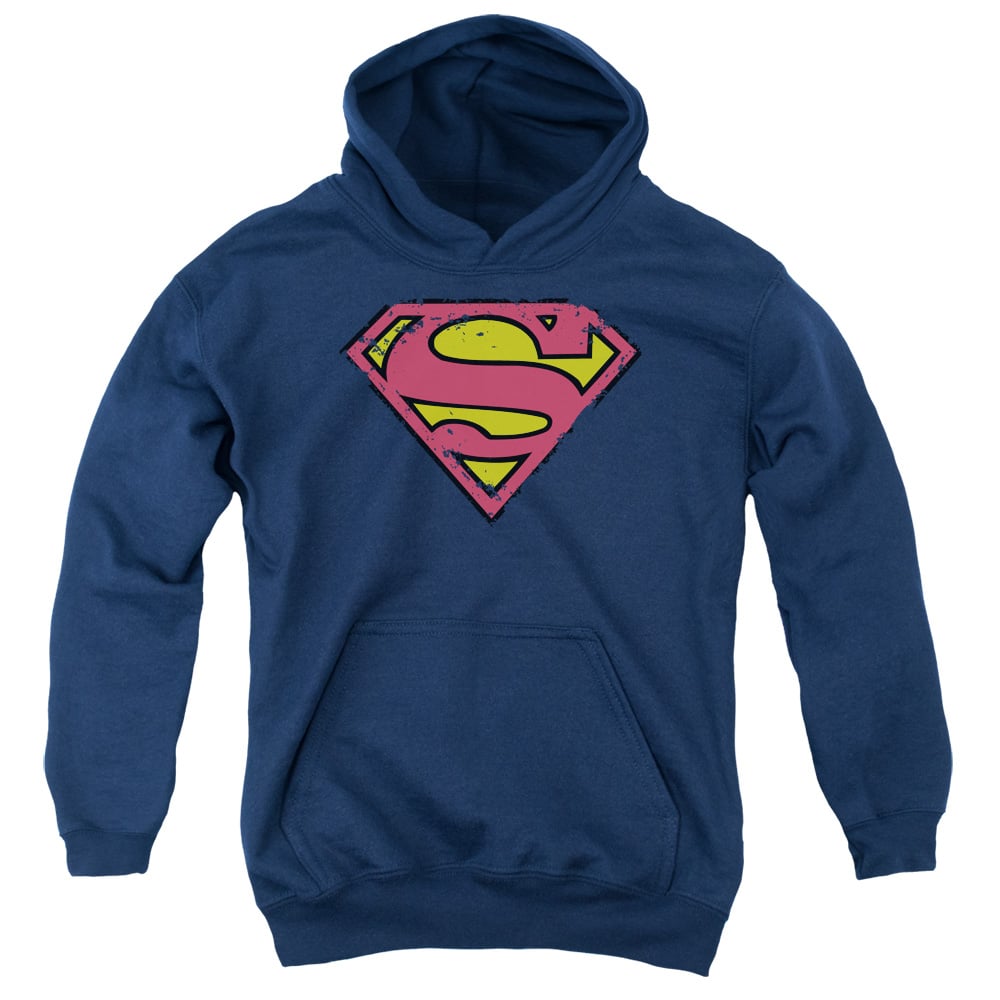 SM1130-YFTH-1 Superman Distressed Shield Youth Hooded Sweatshirt, Navy - Small