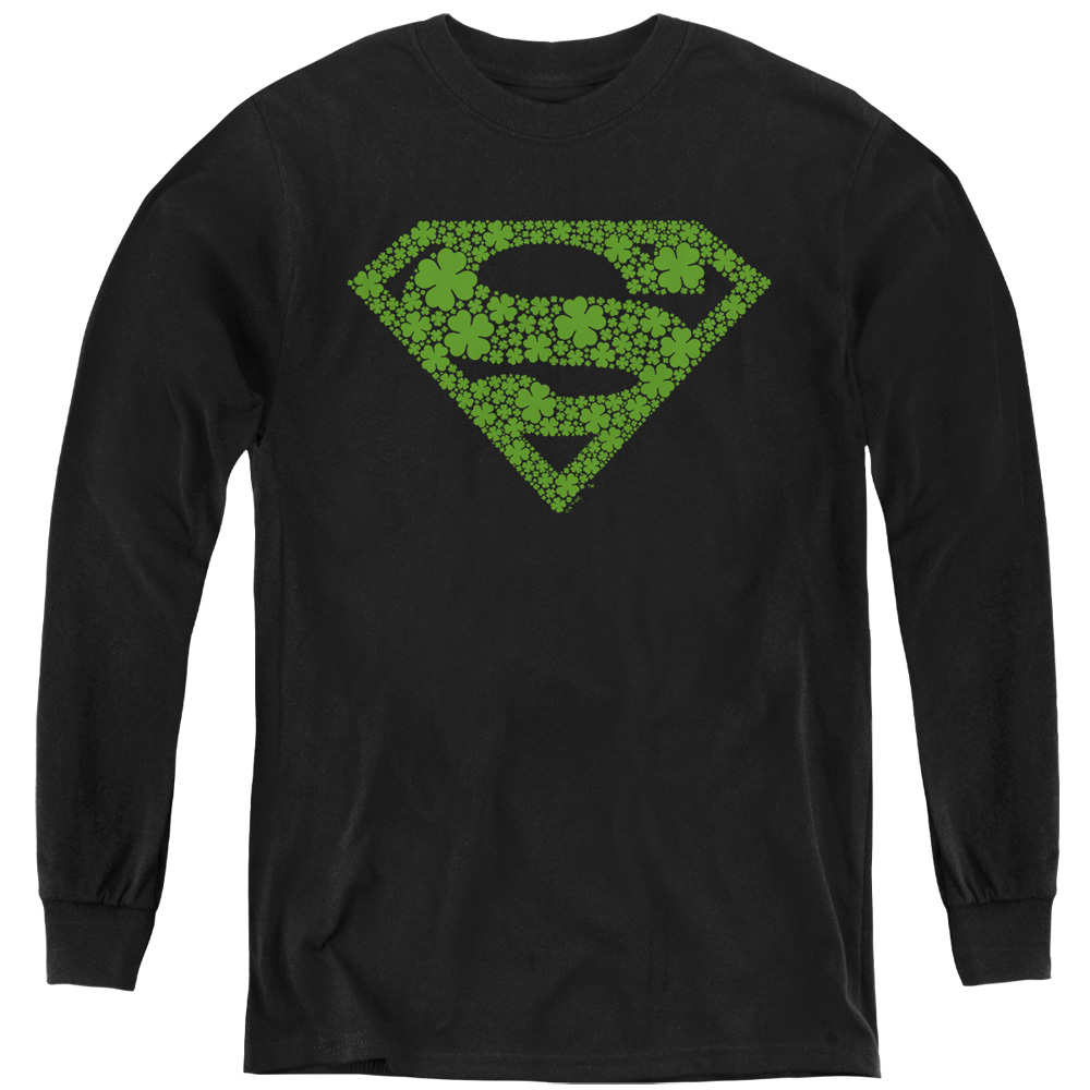 SM10014SPD-YL-3 Superman St. Patricks Day Shamrock Logo Long Sleeve Youth T-Shirt, Black - Large