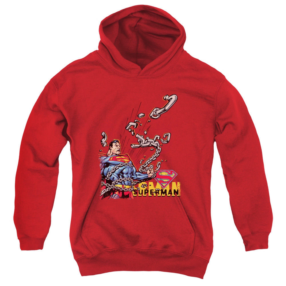 SM1011-YFTH-4 Superman Breaking Chains Youth Hooded Sweatshirt, Red - Extra Large