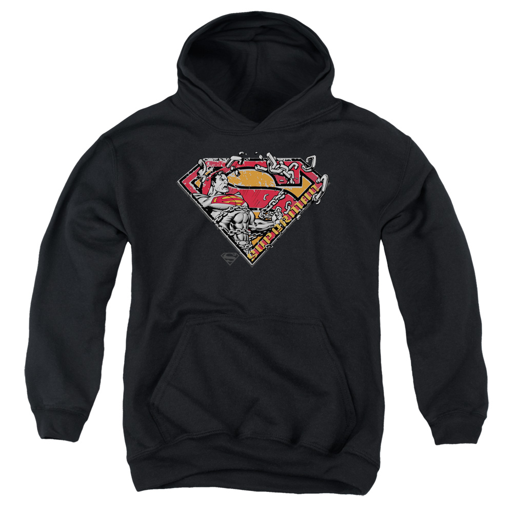 SM1061-YFTH-2 Superman Breaking Chain Logo Youth Hooded Sweatshirt, Black - Medium