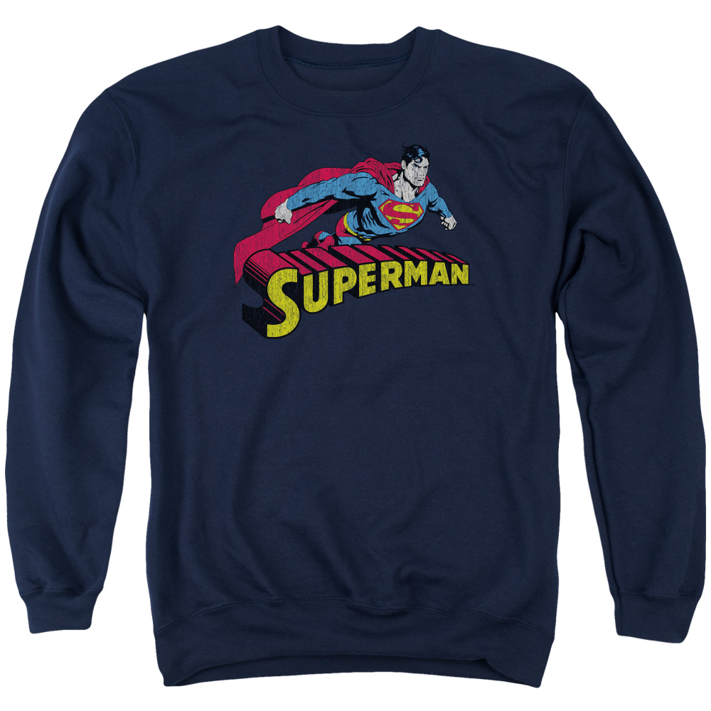 SM1502-AS-2 Superman Flying Over Adult Crewneck Sweatshirt, Navy - Medium