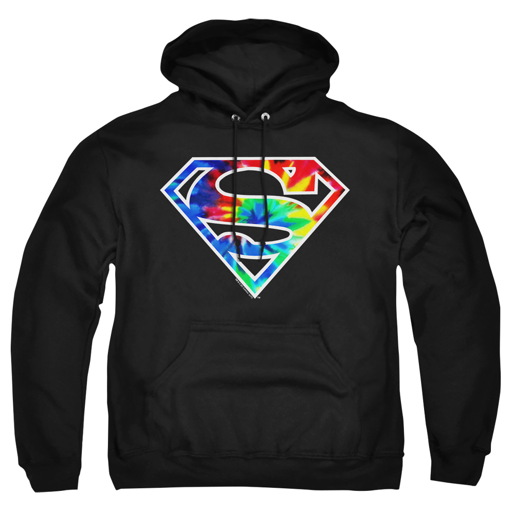 SM2480-AFTH-2 Superman Tie Dye Logo Adult Pullover Hoodie, Black - Medium