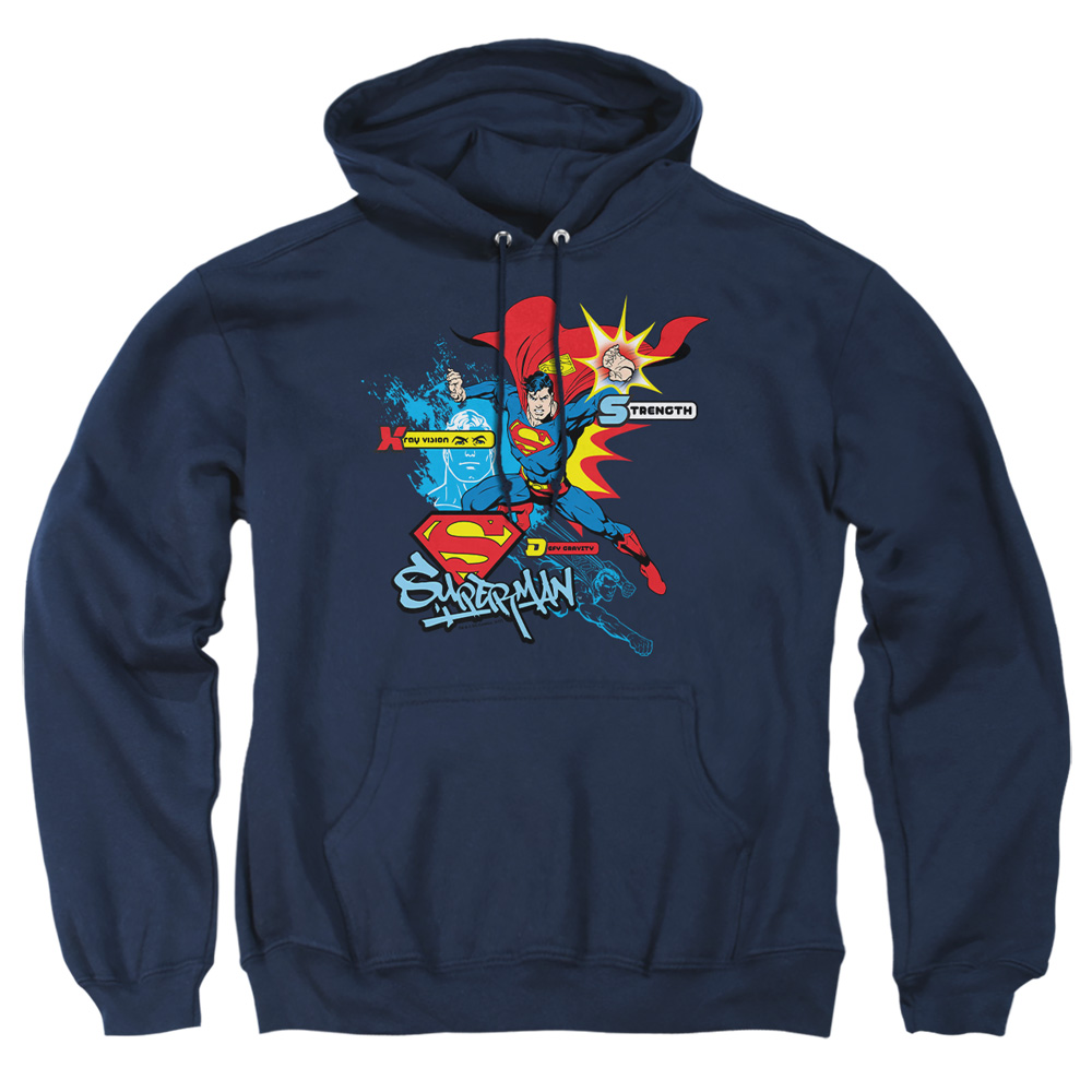 SM1636-AFTH-1 Superman Abilities Adult Pullover Hoodie, Navy - Small