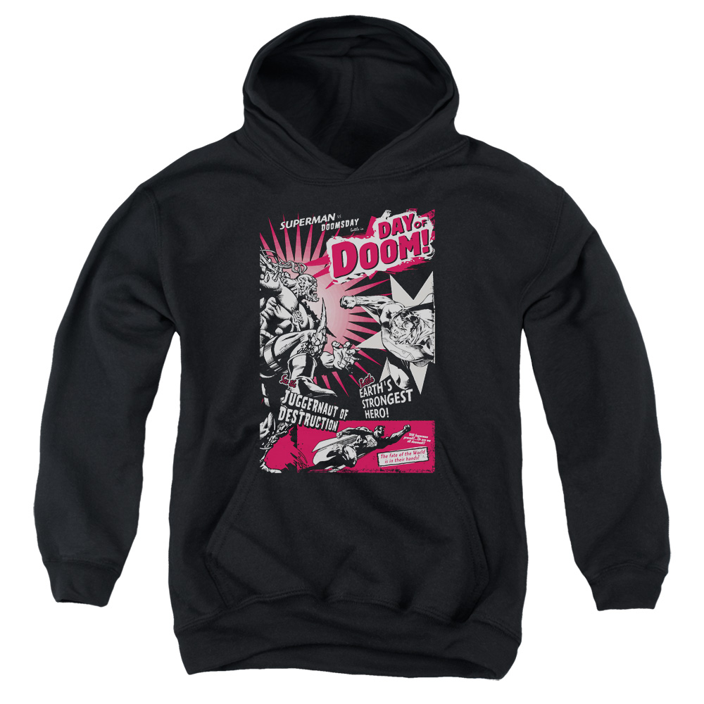 SM1642-YFTH-3 Superman Day of Doom Youth Hooded Sweatshirt, Black - Large