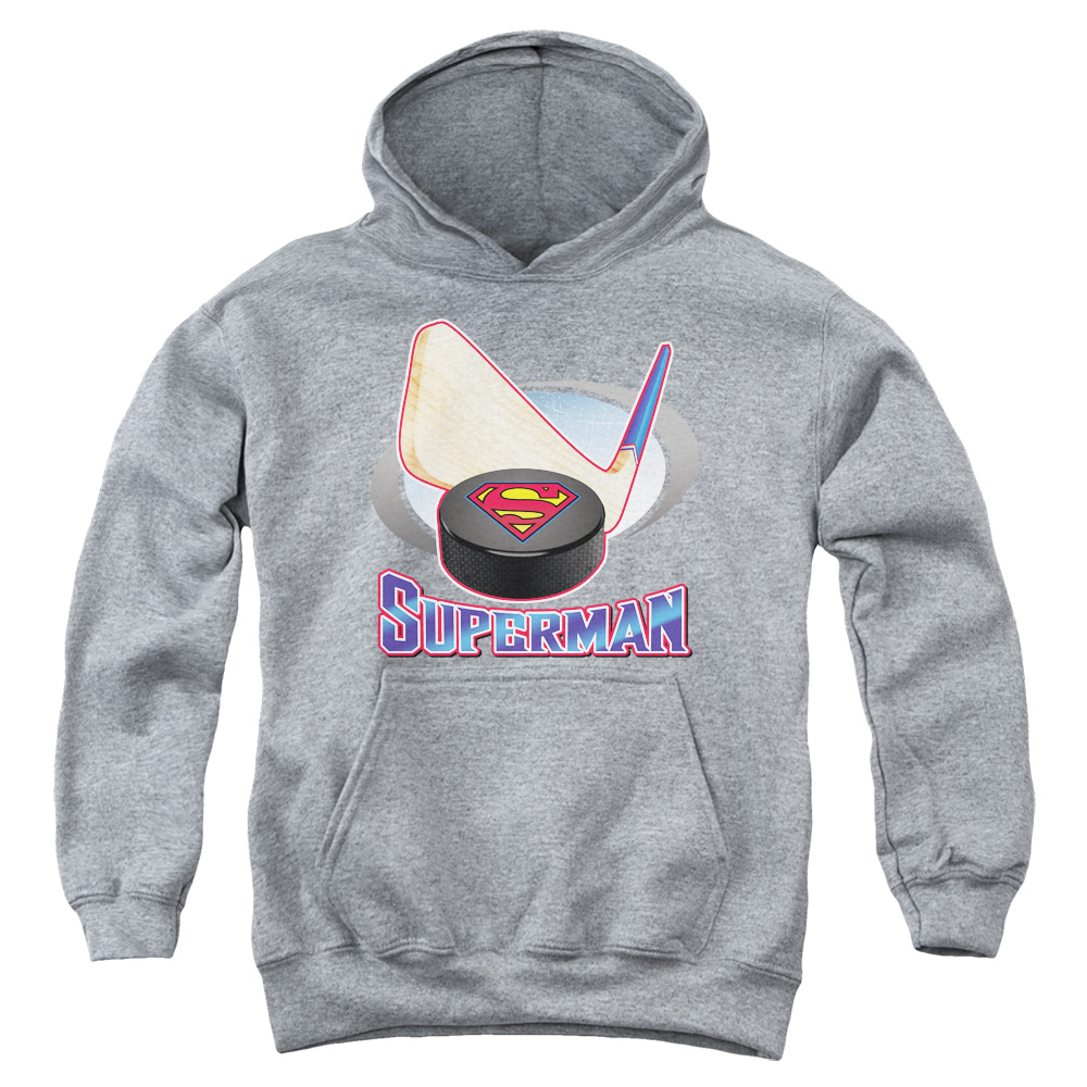 SM1460-YFTH-1 Superman Hockey Stick Youth Hooded Sweatshirt, Athletic Heather - Small