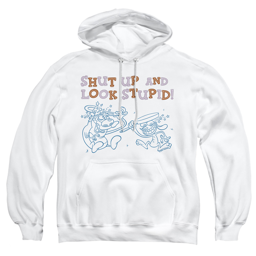 NICK267-AFTH-4 Ren & Stimpy Shut Up & Look Stupid Adult Pullover Hoodie, White - Extra Large