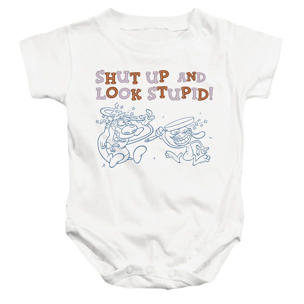 NICK267-SS-1 Ren & Stimpy Shut Up & Look Stupid Infant Snapsuit, White - Small - 6 Month