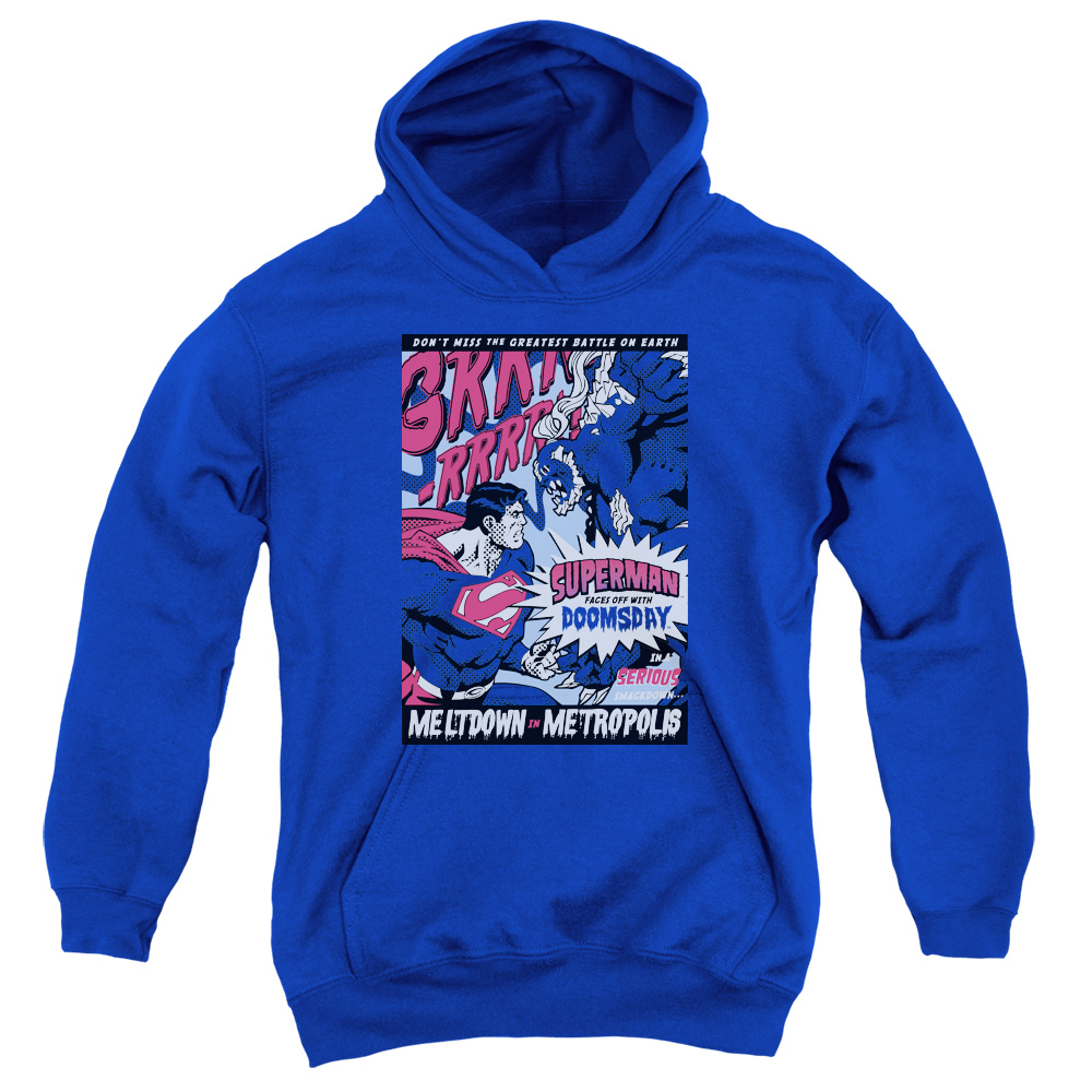 SM1689-YFTH-2 Superman Meltdown Youth Hooded Sweatshirt, Royal - Medium