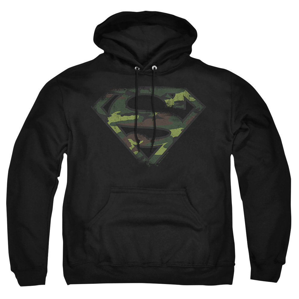 SM1912B-AFTH-4 Superman Distressed Camo Shield Adult Pullover Hoodie, Black - Extra Large