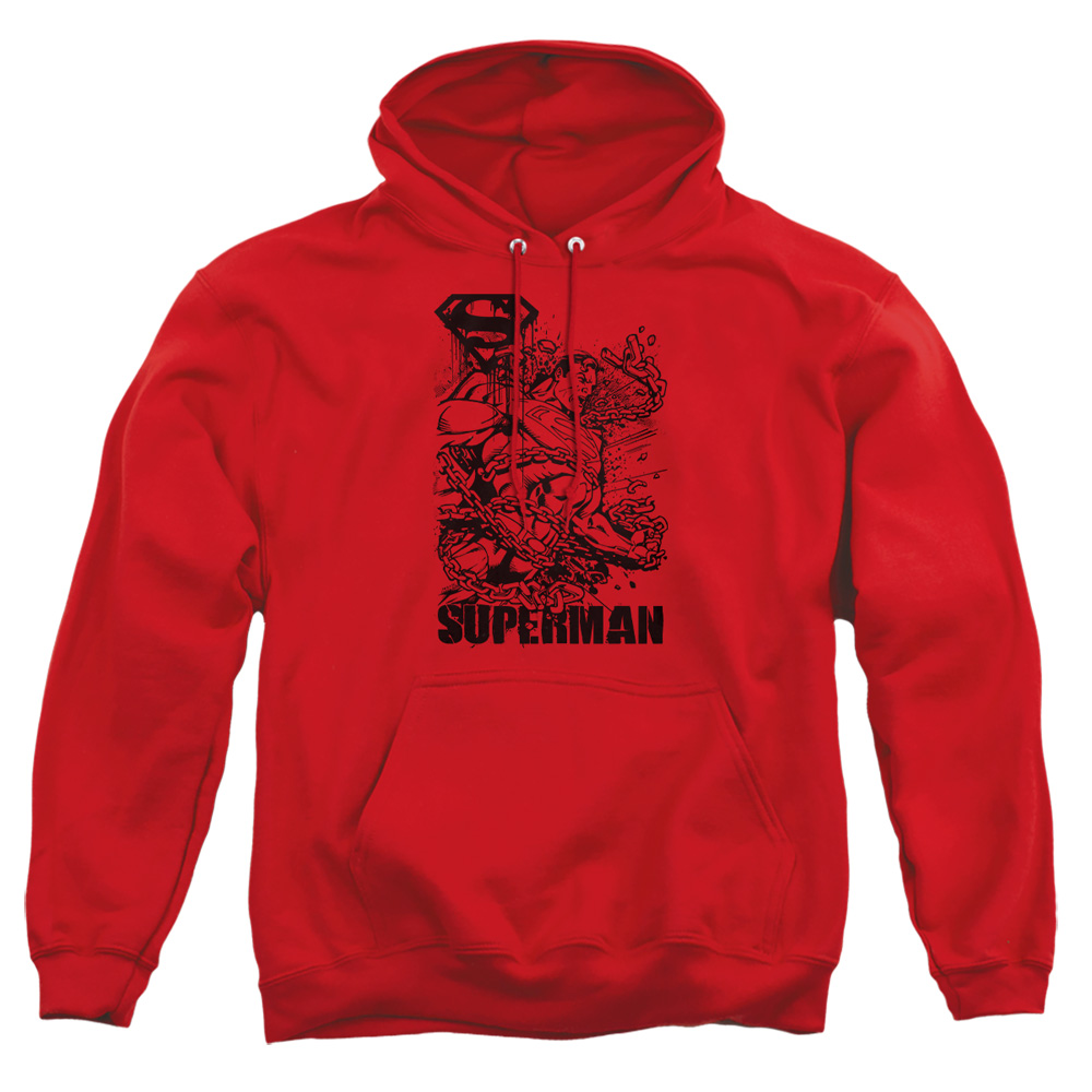 SM1715-AFTH-5 Superman Breaking Chains Adult Pullover Hoodie, Red - 2X